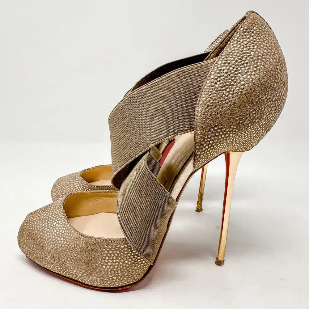 Christian Louboutin Gold Metallic Dotted Textured Big Dorcet Pump Heels EU 37